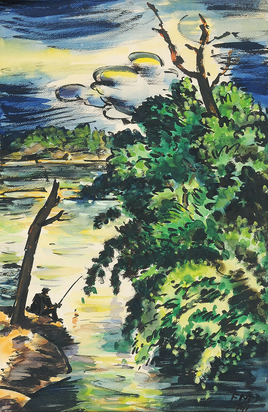 Fisherman sitting on a riverbank