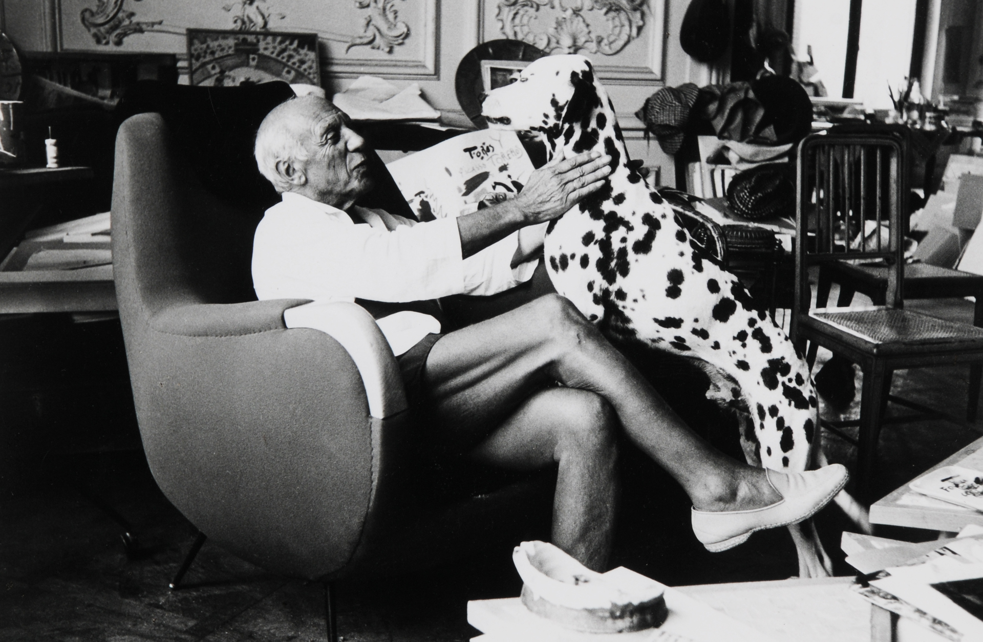 Edward Quinn, 2 photographs: 
Picasso mit seinem Dalmatiner;
 Picassos Atelier in der Villa
 La Californie bei Cannes