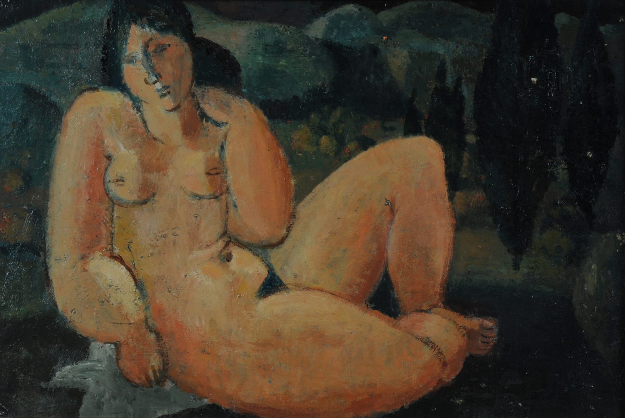 Carlos Duss, Reclining female nude in provençal landscape