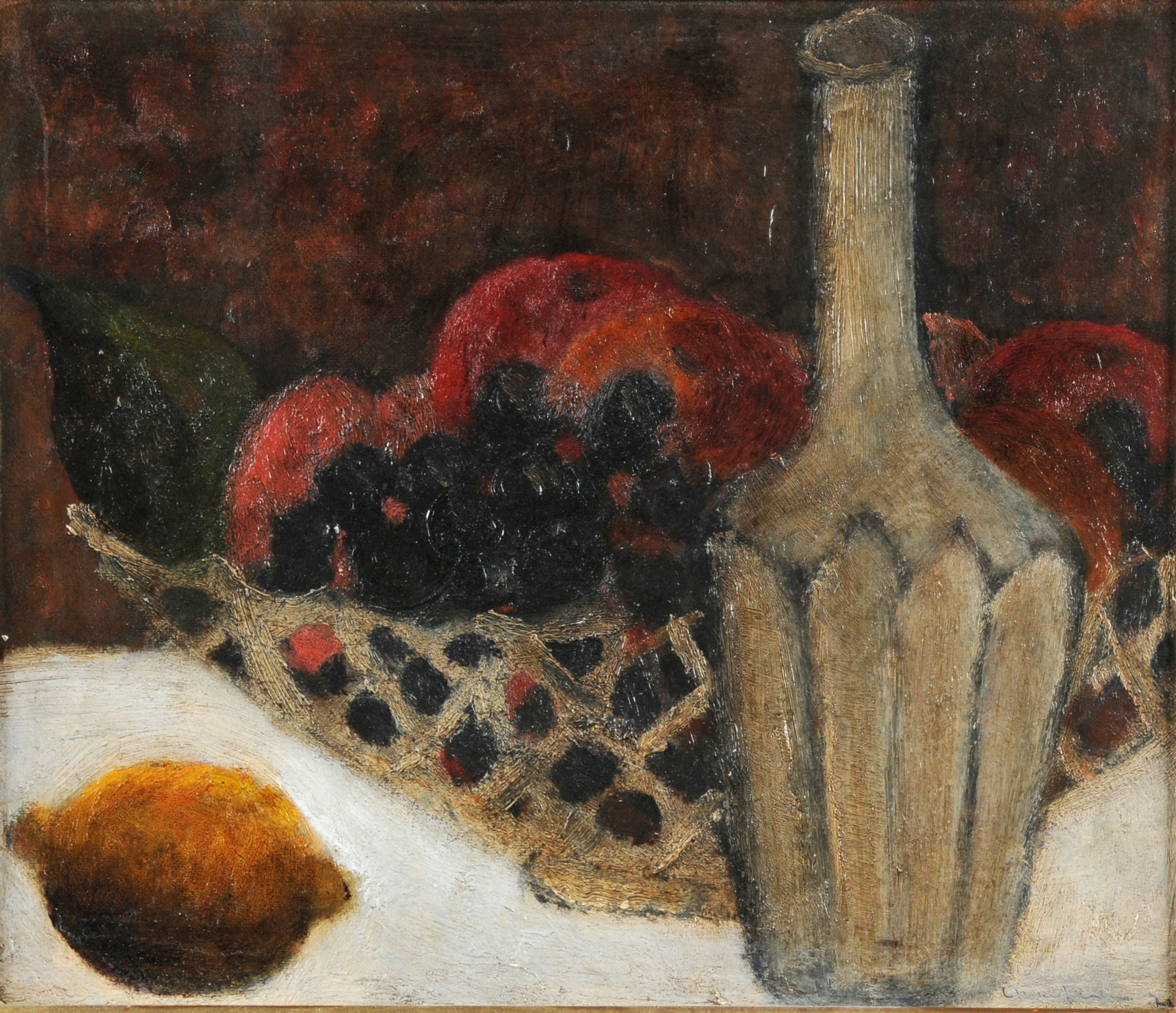 Leopold Haefliger, Stillleben mit Früchtekorb, Karaffe und Zitrone