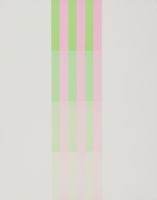 Bewegung von 4 Quadraten gebildet aus
 je 6 Rechteckelementen von gelbgrünen und blauroten Stufungen, aus "Dorazio, Jorn, Lohse, Miró, Santomaso, Tobey"