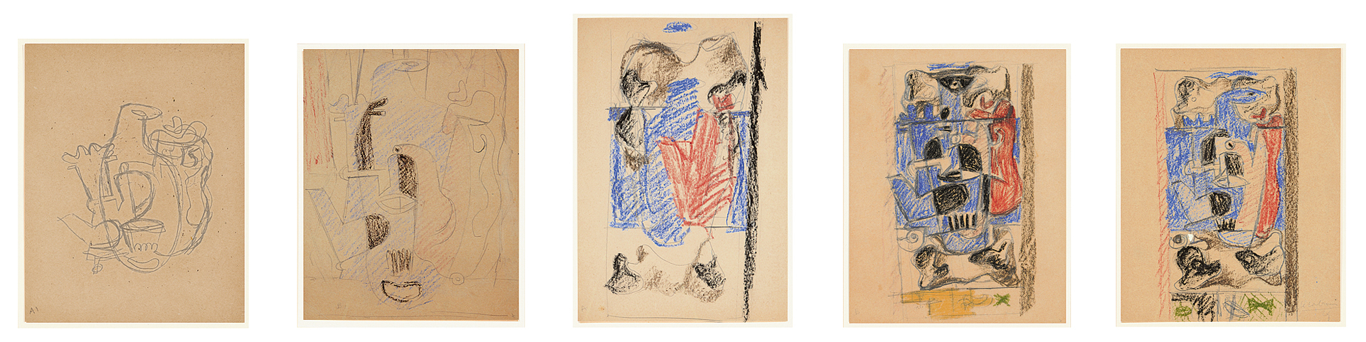 Le Corbusier, 5 Zeichnungen zum Gemälde
 "Composition avec cafetière et silex", 1929:  Dessin n°1:
 Nature morte avec cafetière, théière, carafe et verre; Dessin n°2:
Nature morte avec cafetières, carafe et verre; 
Dessin n°3: 
Nature morte avec cafetière, carafe et silex;
 Dessin n°4: 
Nature morte avec cafetières, carafe, verre, silex et coquillage;
 Dessin n°5: 
Nature morte avec cafetières, carafe, verre, silex et coquillage
