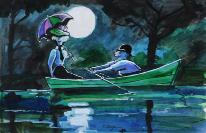 Man Rowing a Boat with Woman and Parasol