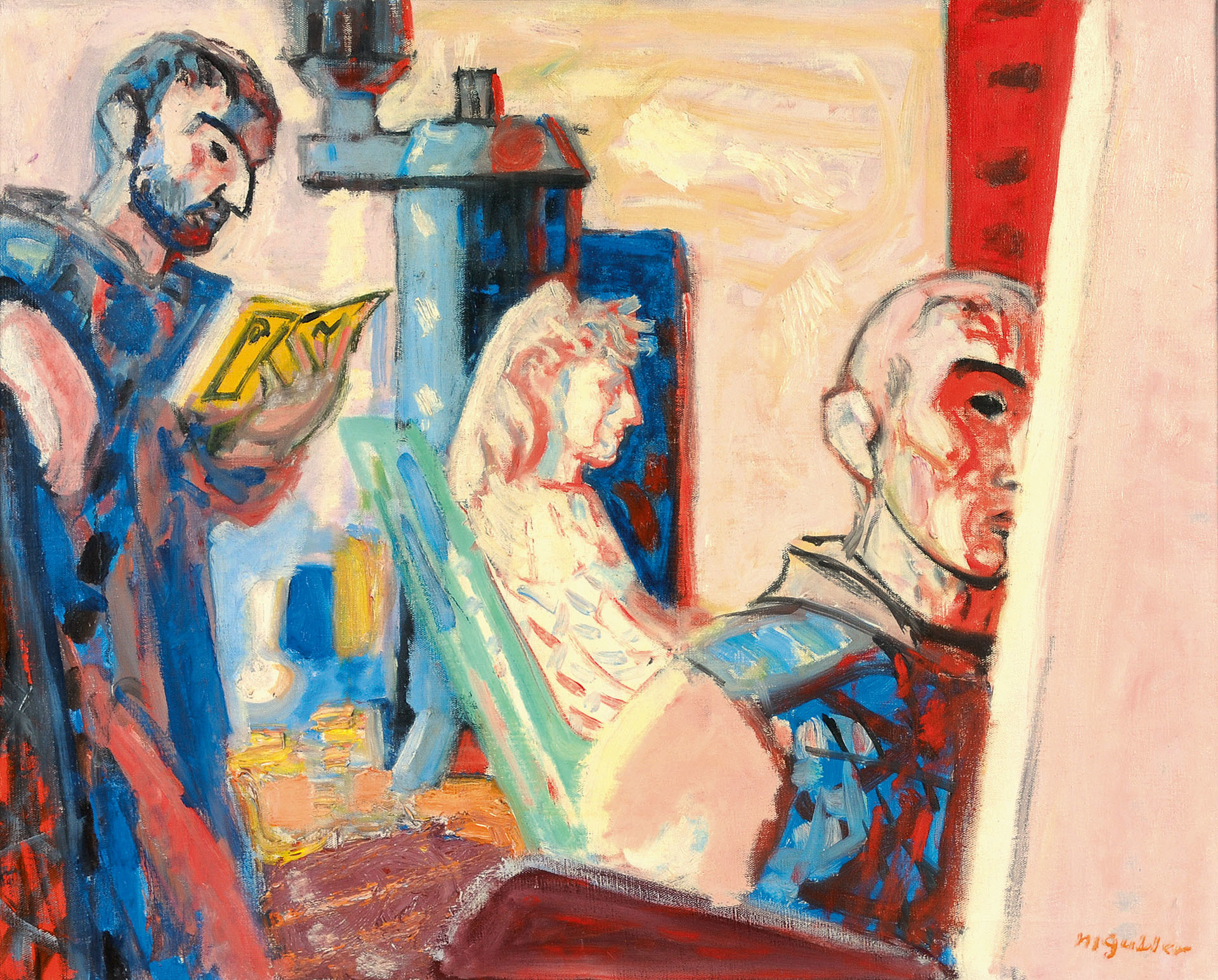 Max Gubler, Interieur mit Maler und Familie Leroy