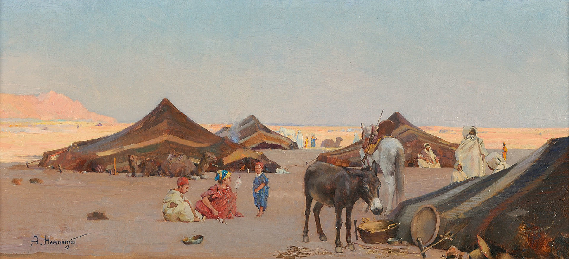 Jacques Elie Abraham Hermanjat, Wüstenlandschaft mit Beduinenzelten, Kamelen, Pferden und Maultier