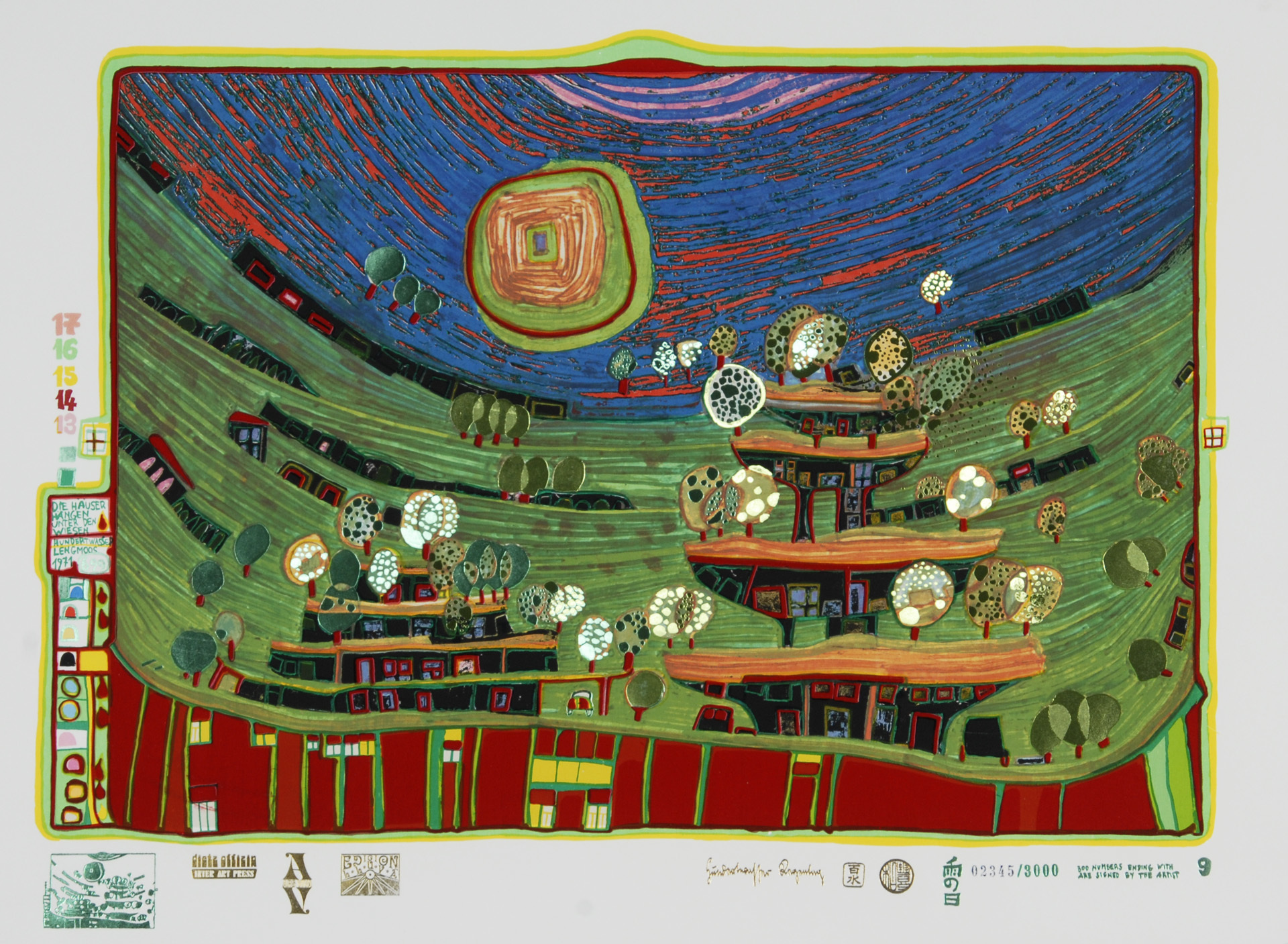 Friedensreich Hundertwasser, Die Häuser hängen unter den Wiesen, aus "Look at It on a Rainy Day"