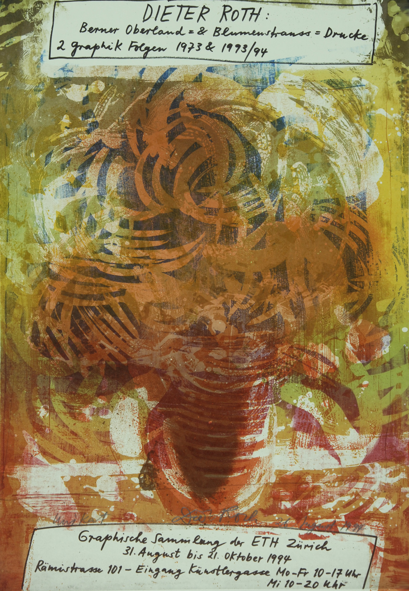 Ausstellungsplakate, 12 posters: Ch. Ray (2); E. Aeppli (2); W. Dahn; D. Roth; M. Kelly; JF. Schnyder; Panamarenko; M. Hunziker; H. Fulton; M. Di Suvero
