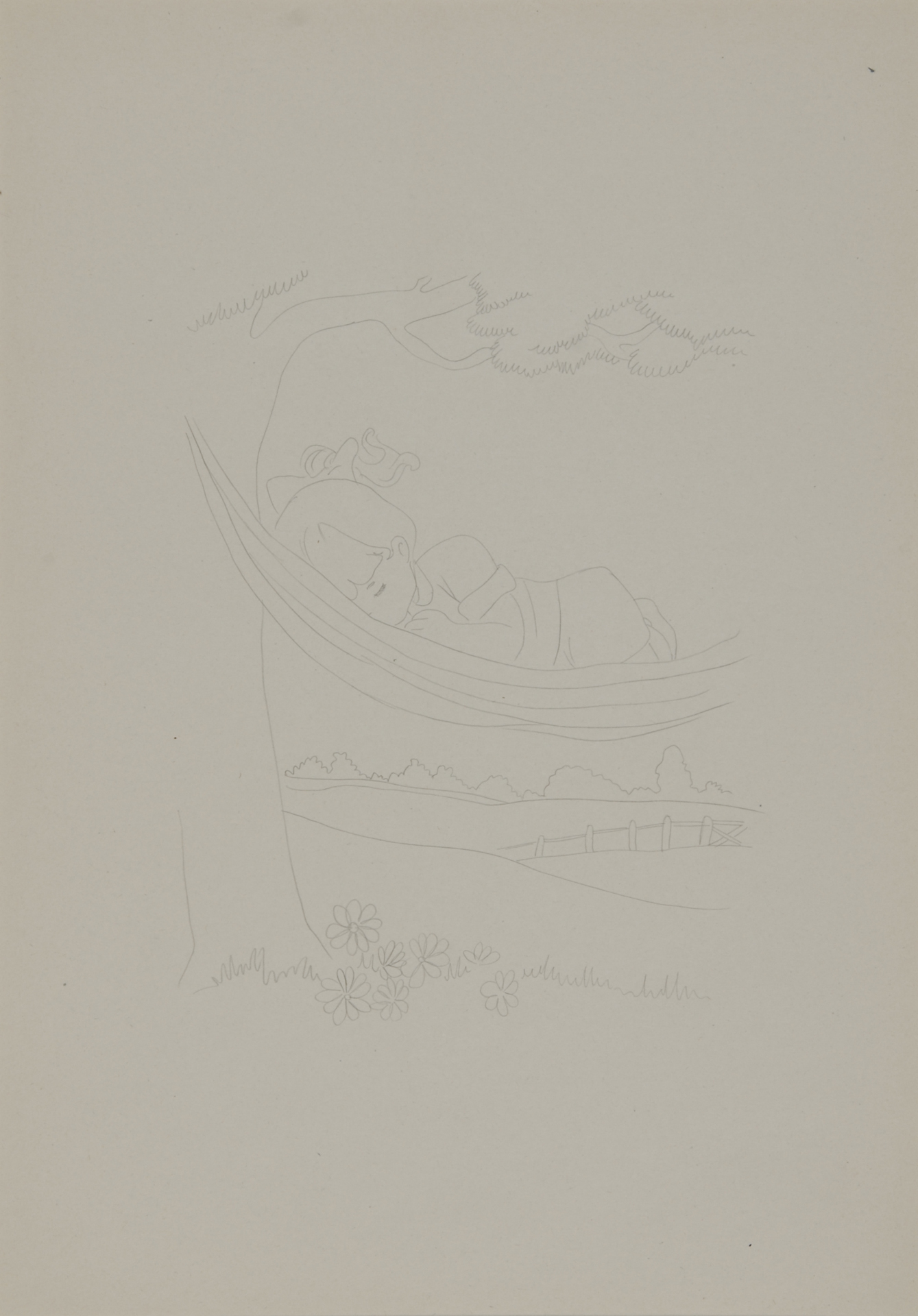 Ugo Rondinone, 5 Zeichnungen: Brille, 1988; Schlafendes Mädchen in Hängematte, 1988; Stehendes Mädchen mit Teddy und Hase, 1988, Spielzeugente, 1988, Trompete spielendes Mädchen