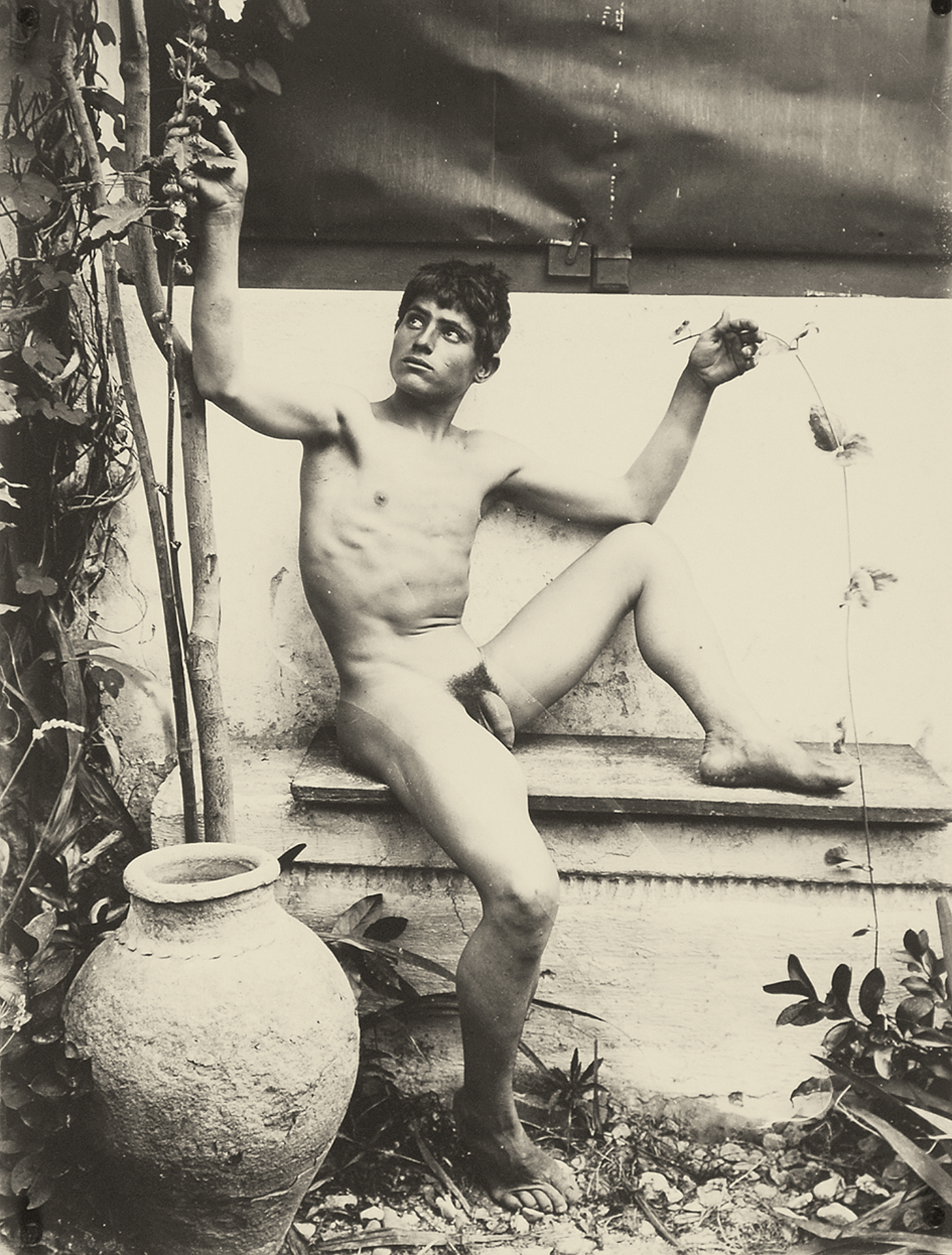 Wilhelm von Gloeden, 4 photographs: Stehender Knabenakt (2); Sitzender Knabenakt, 1890er Jahre; Knabe mit fliegendem Fisch, 1890er Jahre