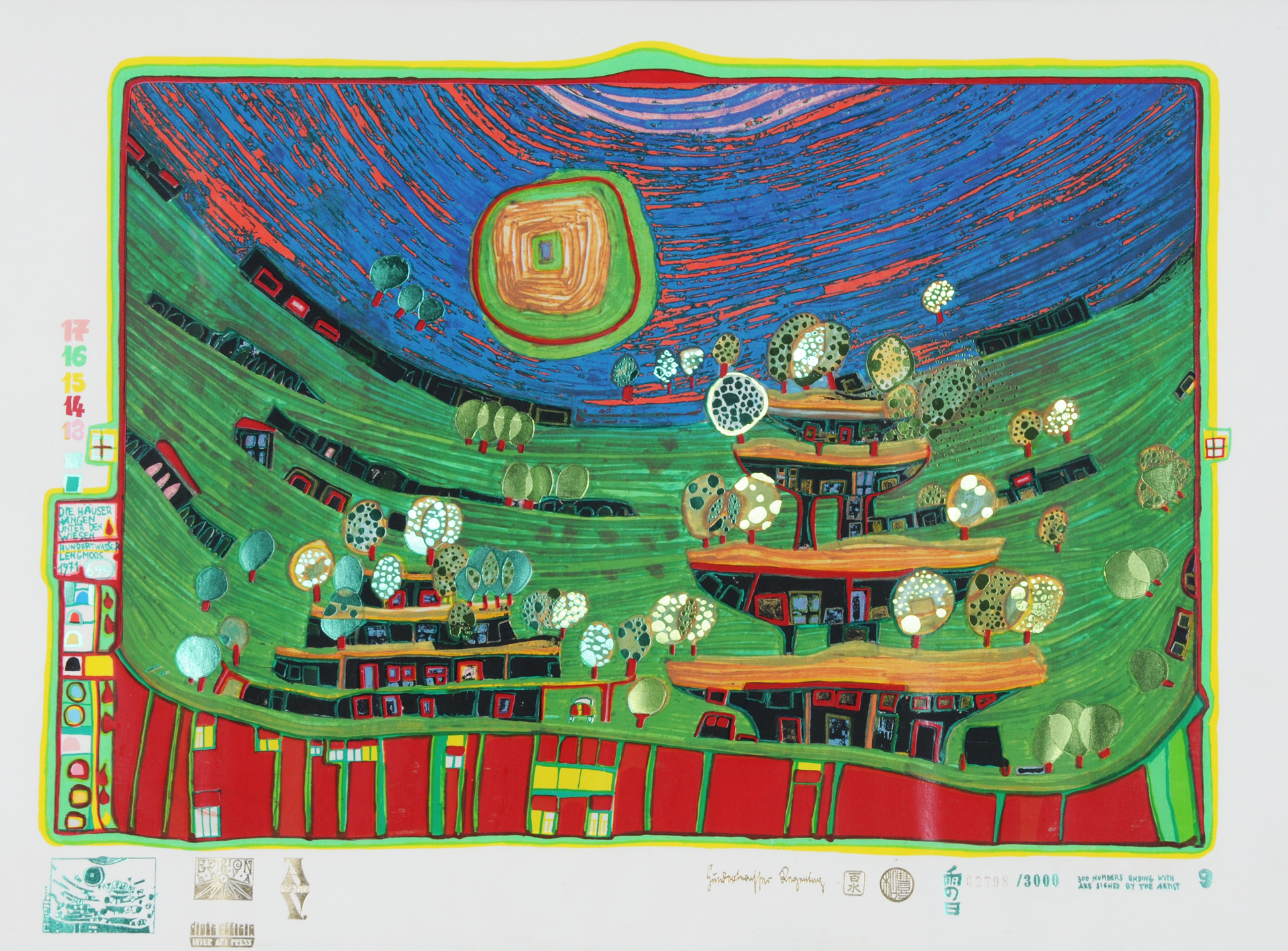 Friedensreich Hundertwasser, Die Häuser hängen unter den Wiesen, from "Look at It on a Rainy Day"