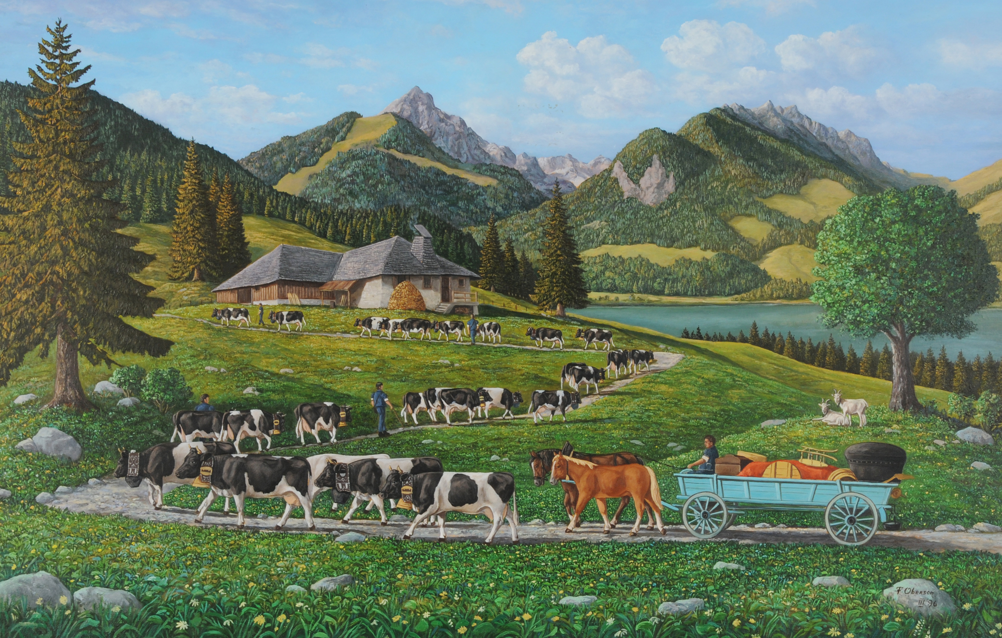 Francis Oberson, Alpaufzug mit Blick auf den Lac de Gruyère