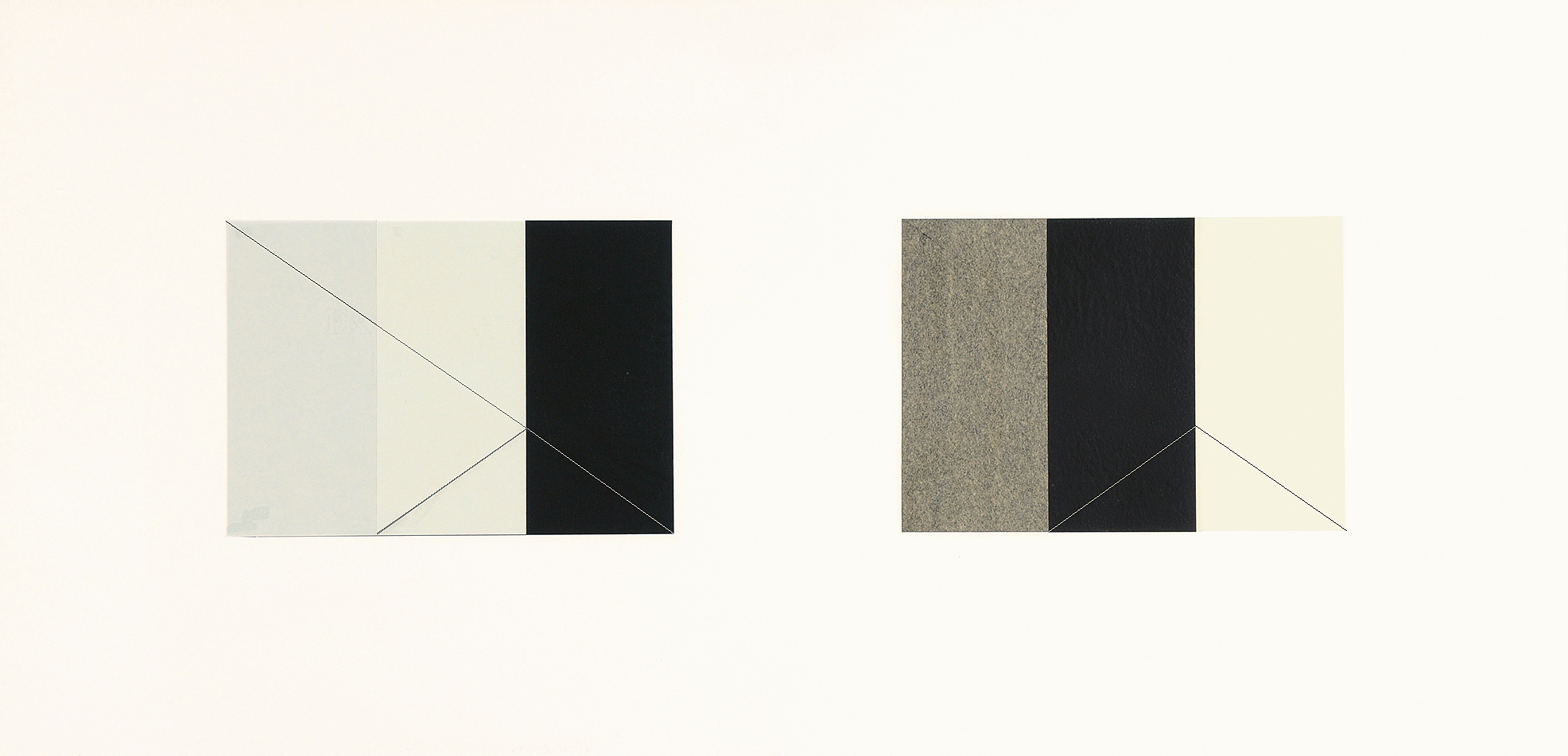 François Morellet, 1°) Traçage d'une diagonale sur 2 feuilles: - papier et carbone à l'envers - carbone à l'endroit et papier;  
2°) Pliage au 1/2 de la feuille supérieure