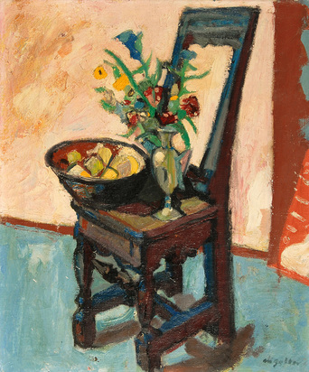 Chair with Flowers in Glass Vase and Fruit Bowl