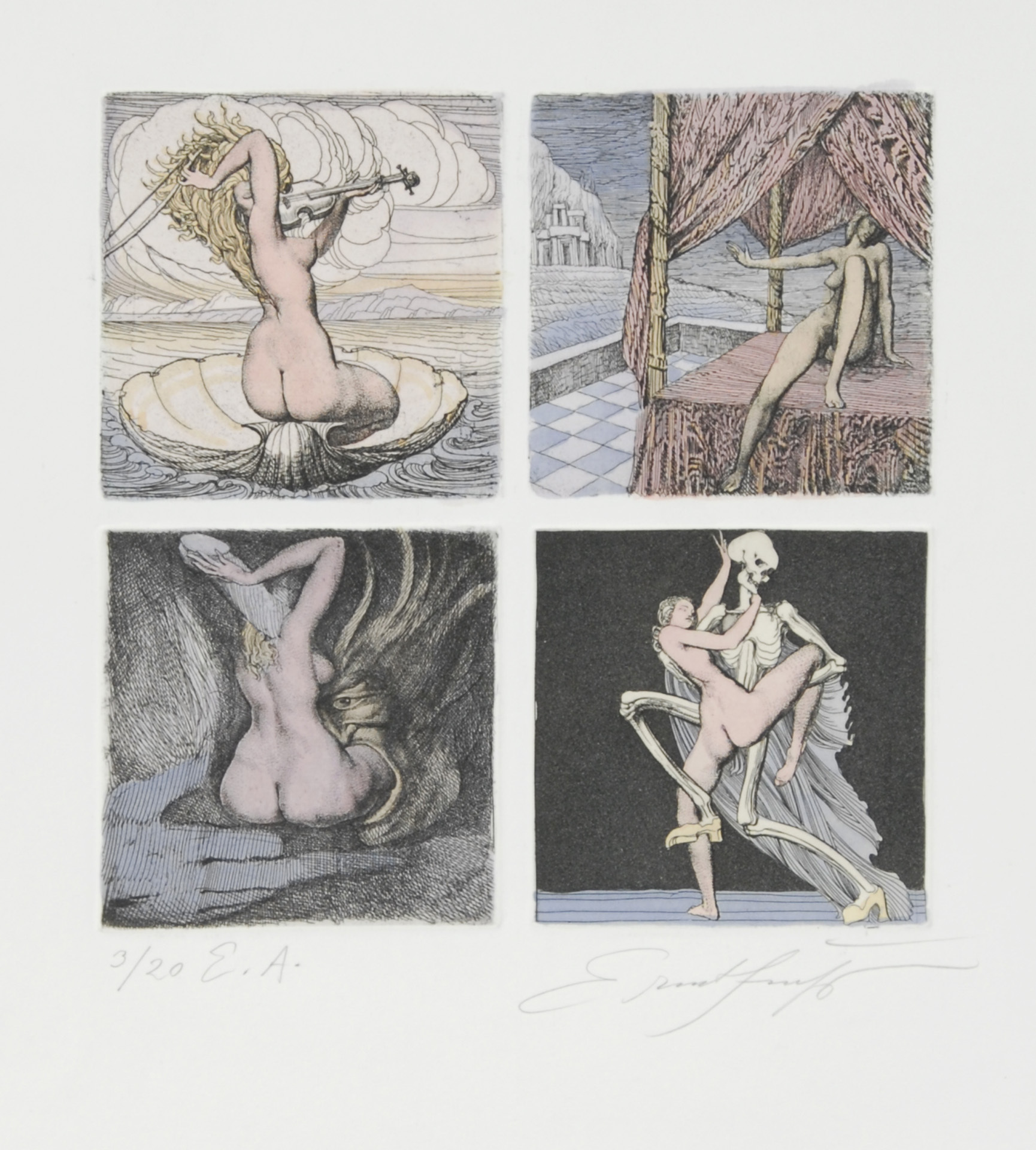 Ernst Fuchs, 4 sheets: Die Geburt der Venus, 1974; Toteninsel, 1971; Nikolaus, 1970; Untitled