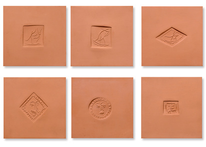 6  clay tables : Square with dancers A; Square with dancers, C Lozenge with dancing; Lozenge with bearded man; Little square sun; Little square with face
