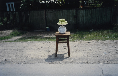 Untitled (Scale wit Apples on Stool)