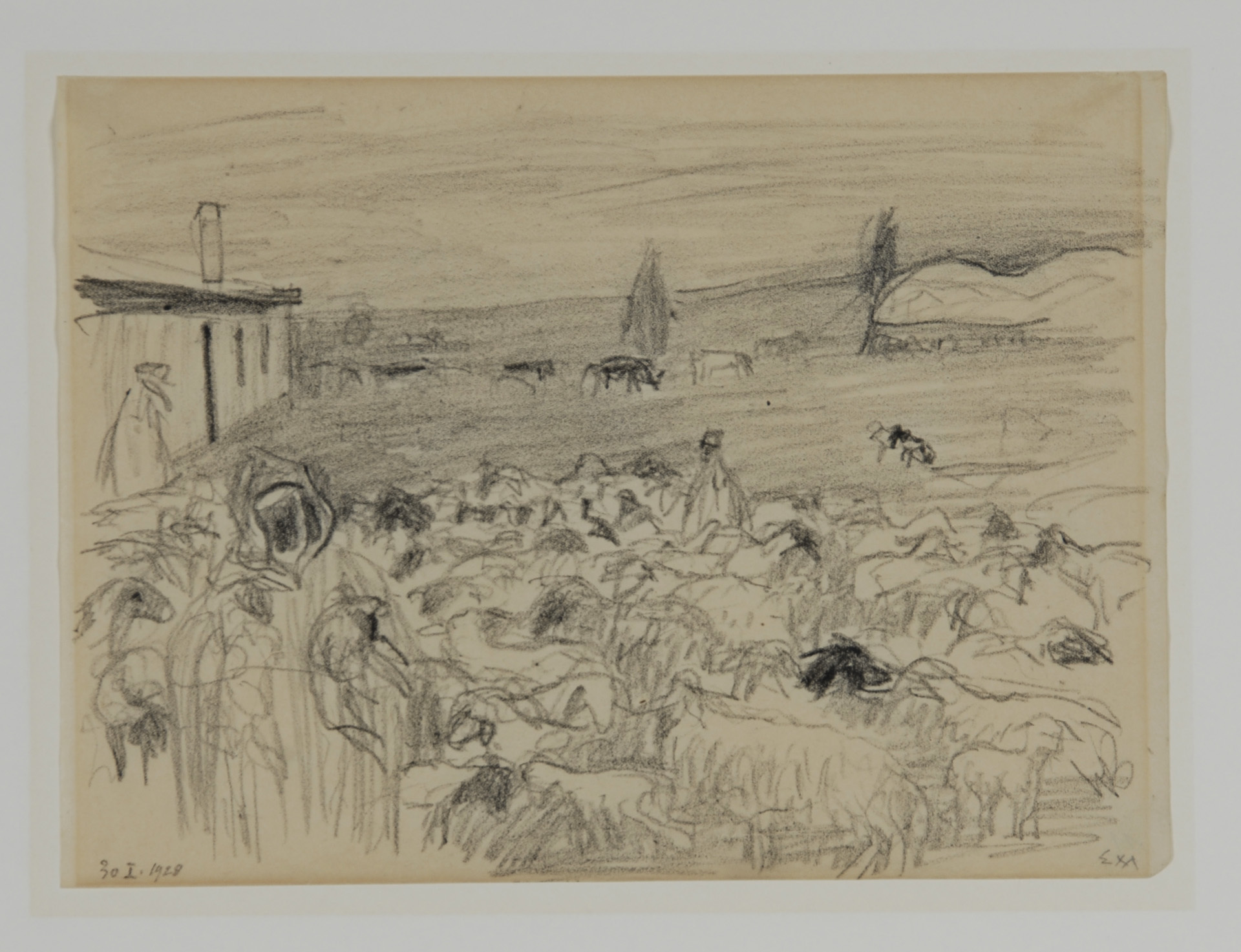 Ernst Morgenthaler, 6 Zeichnungen: Frau mit Kind beim Essen; Familie; Selbstporträt, 1915; Marokko, 1928; Schlafendes Baby, 1938; Boote auf dem Meer
