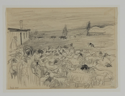 6 Zeichnungen: Frau mit Kind beim Essen; Familie; Selbstporträt, 1915; Marokko, 1928; Schlafendes Baby, 1938; Boote auf dem Meer