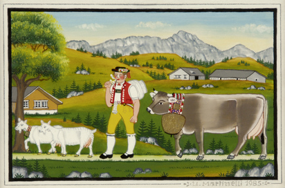Senn mit zwei Ziegen und Kuh vor Berglandschaft