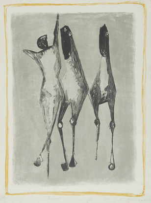 Jongleur et chevaux, fond vert, bordure jaune