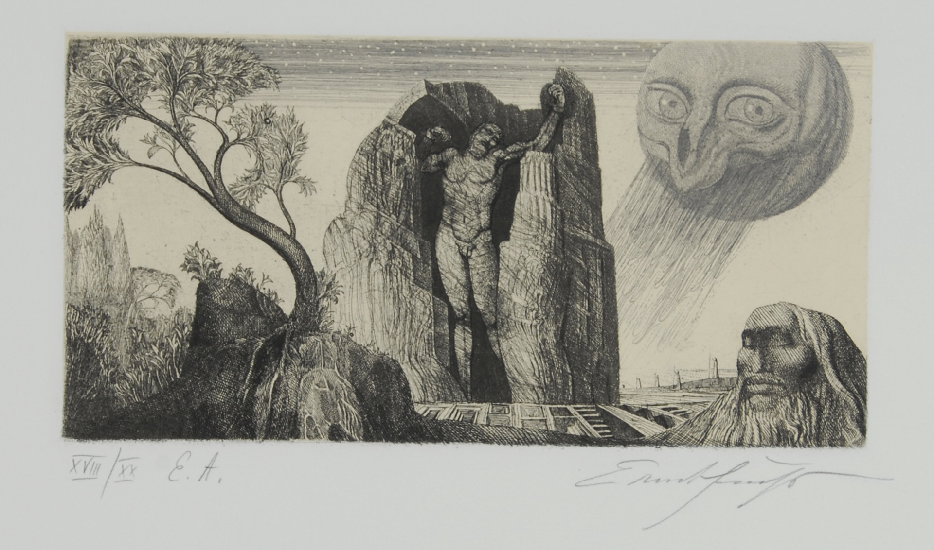 Ernst Fuchs, 5 Blätter: Das Gefängnis des Ikarus, 1975; Die Geburt der Venus, 1974; Das Gefängnis des Winters, 1972; Adams Zerstörung und Verheissung, 1968/70; Ohne Titel