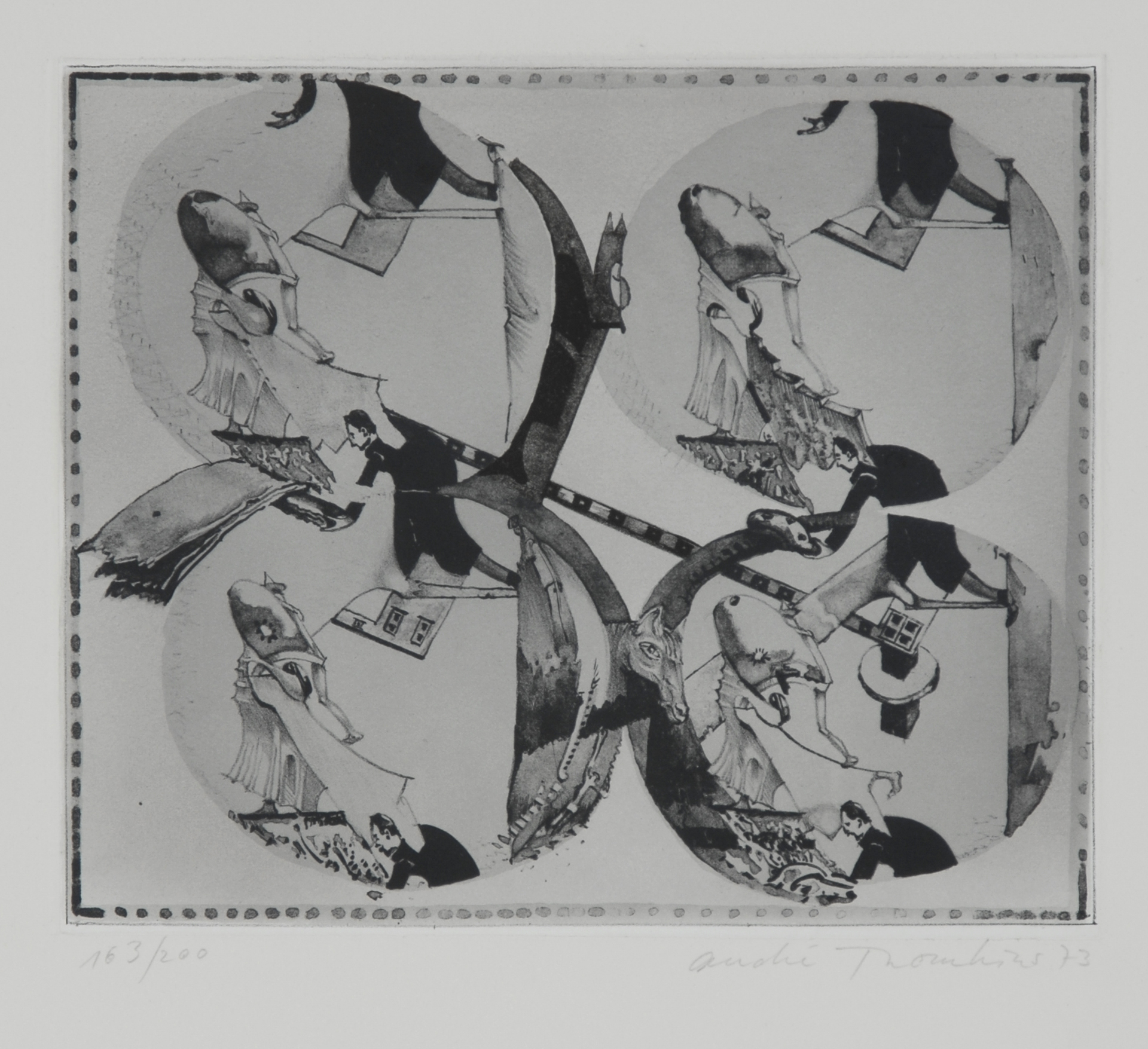 André Thomkins, 3 sheets: quadroculiste, 1973; sous champignons, 1974; Peintuer