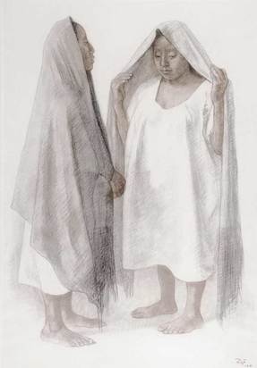 Dos mujeres de pie con rebozo