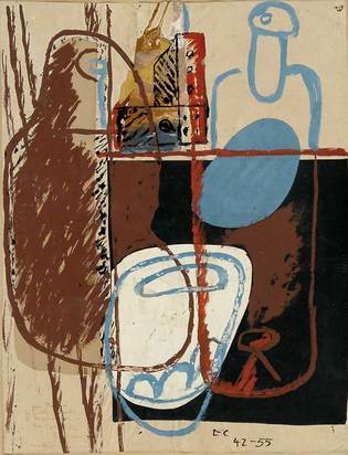 Nature morte, bouteilles, verres et carafes