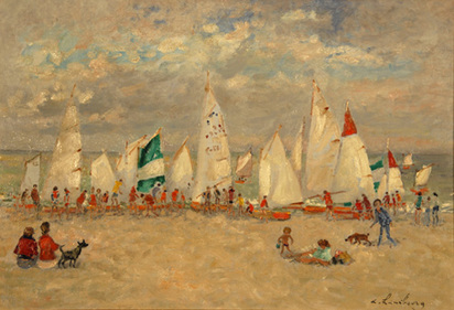 A marée haute l'école de voile à Deauville