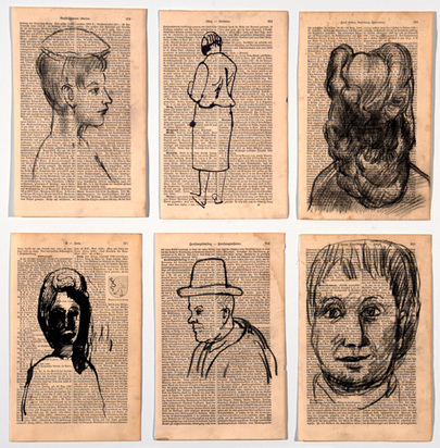 6 drawings: Frauenkopf von hinten; Portrait (2x); Stehende Frau von hinten; Mann mit Hut; Frauenporträt