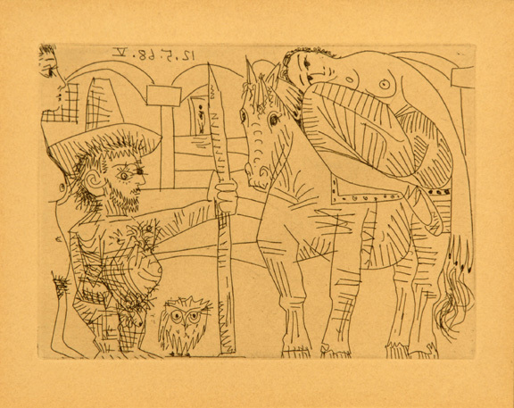 Pablo Picasso, Couple, hibou et odalisque à cheval (Le départ de la shunamite?), 1968, from "La Célestine", 1971
