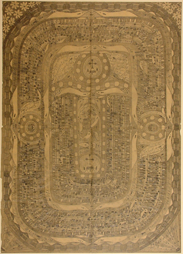 Adolf Wölfli, Blatt aus Heft Nr. 13: "Der heilige Skt. Adolf zerschlägt mit der Faust die Zellen=Thühre in der Waldau in Splitter", 1915