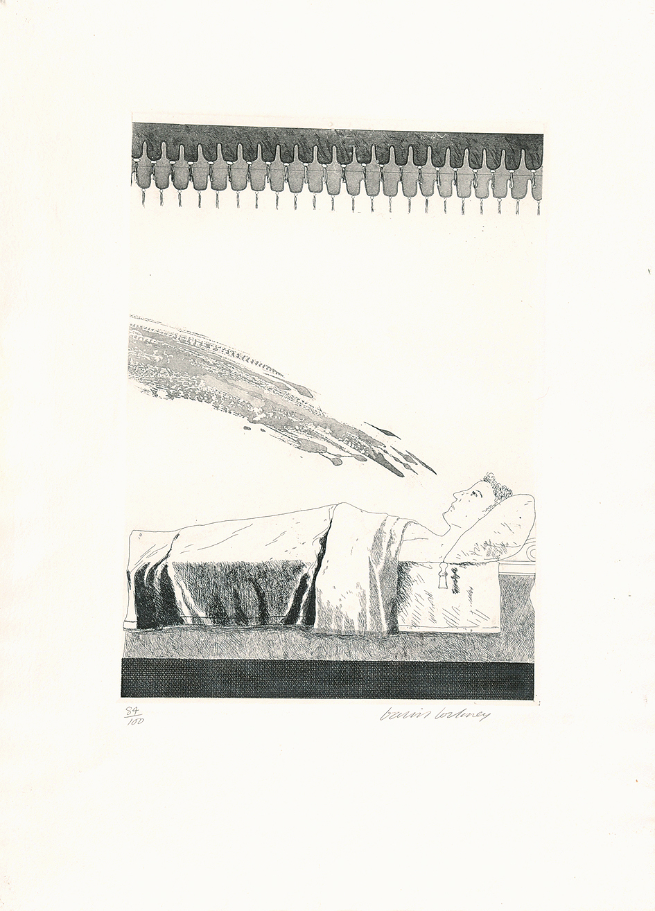 David Hockney, Cold Water about to hit the Prince, aus "Six Fairy Tales from the Brothers Grimm"