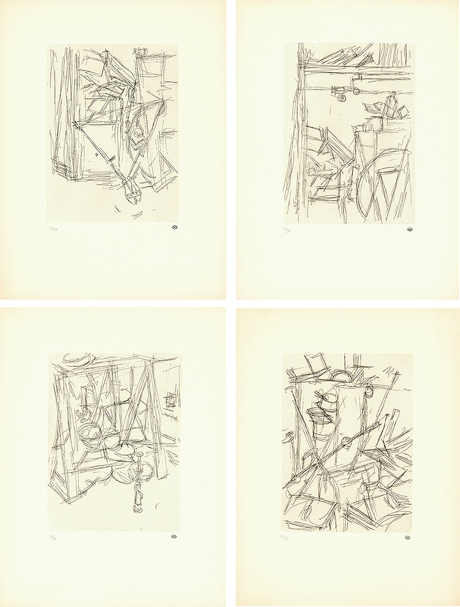 Alberto Giacometti, 4 Radierungen: Tenailles dans l'atelier de Diego; Coin de l'atelier de Diego I; Coin de l'atelier de Diego II; Cisailles dans l'atelier de Diego