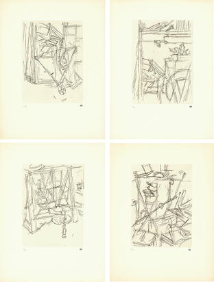 4 etchings: Tenailles dans l'atelier de Diego; Coin de l'atelier de Diego I; Coin de l'atelier de Diego II; Cisailles dans l'atelier de Diego