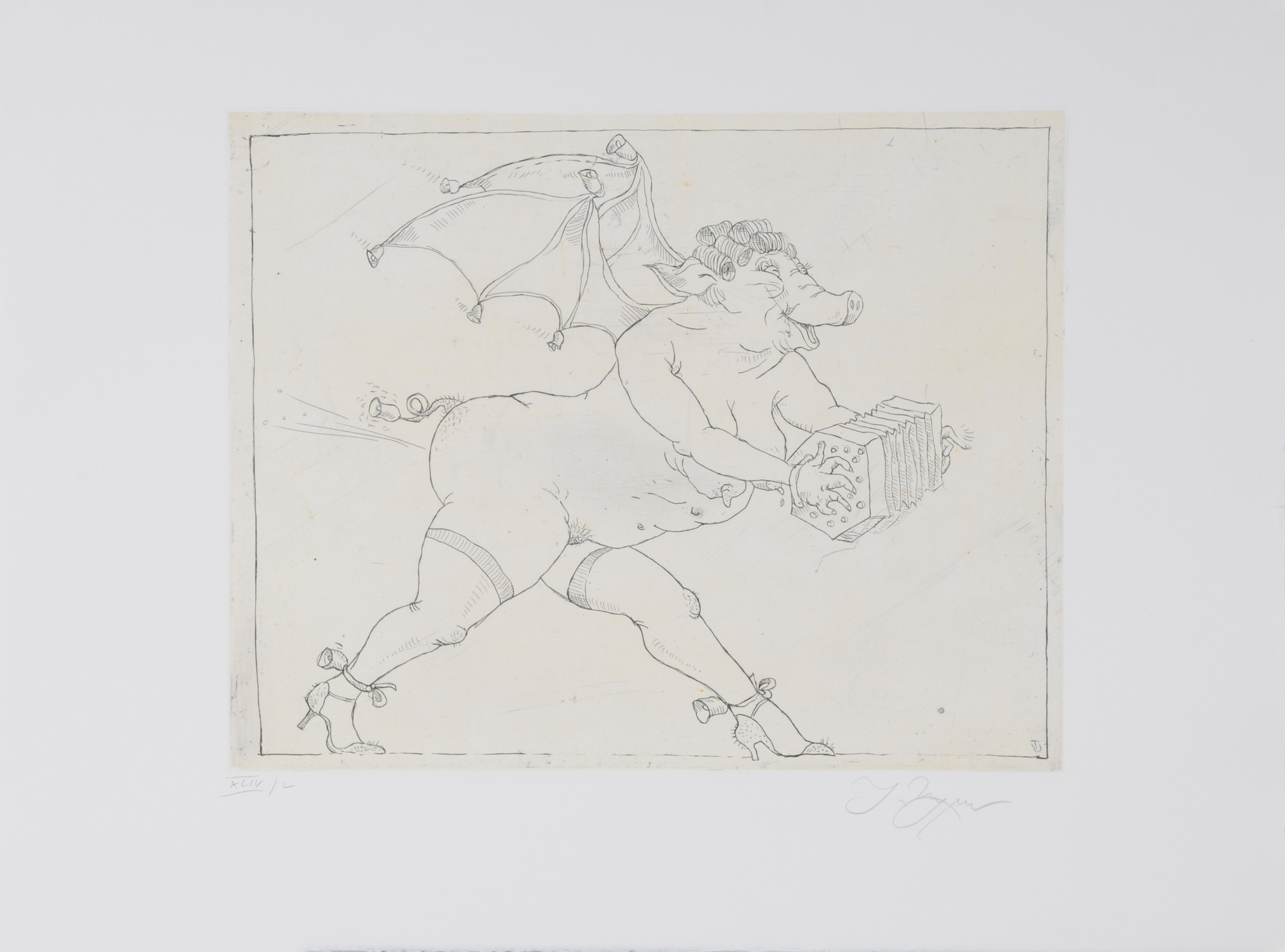 Tomi Ungerer, 12 sheets: La pianiste (2); Bandonéon (2); Tonneau et et trident; Balai volant (2); La mandoline (2); Reine du vin; Crocodile (2)