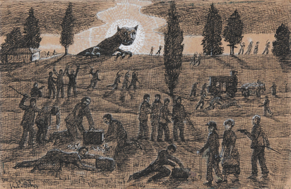2 drawings: Der Raub, die Überfallenen; Das Laster