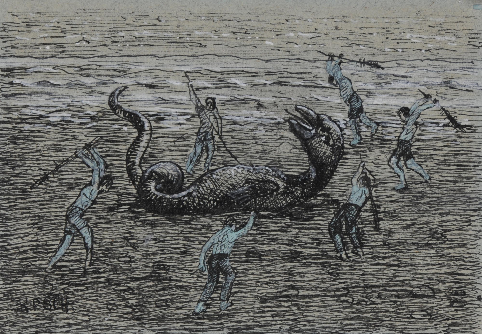 Karl Friederich Schobinger, 3 drawings: Riesenschädel; Die Jagd nach dem Stier; Der Kampf mit der Seeschlange