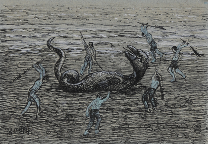 3 drawings: Riesenschädel; Die Jagd nach dem Stier; Der Kampf mit der Seeschlange