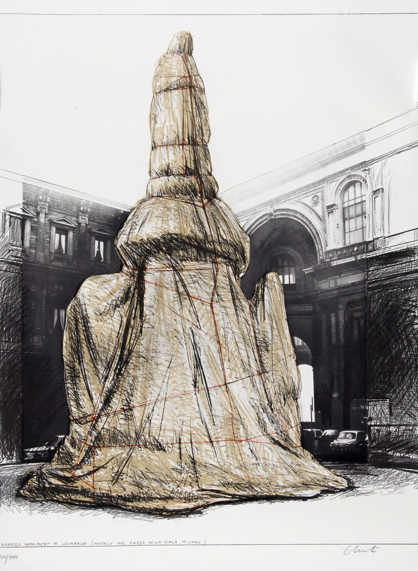 Christo, 2 Blätter: Wrapped Monument to Leonardo, Project for Piazza della Scala, Milan