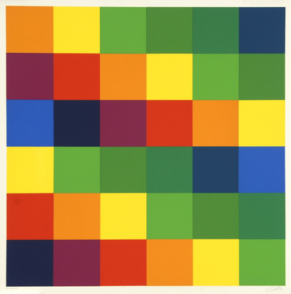 Sechs systematische Farbreihen mit blaugrünen und violetten Akzenten, aus "Richard Paul Lohse - Sechs Serigrafien"