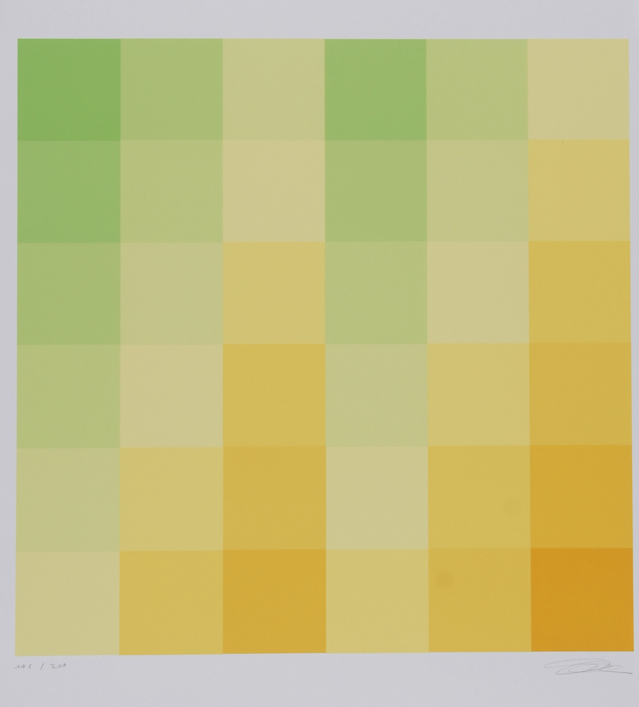 Richard Paul Lohse, Sechs vertikale systematische Farbreihen von grün zu gelb, 1970, from "Graphikmappe des Schweizerischen Kunstvereins"