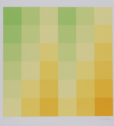 Sechs vertikale systematische Farbreihen von grün zu gelb, 1970, from "Graphikmappe des Schweizerischen Kunstvereins"