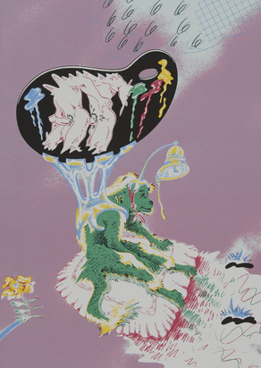 3 sheets: Kleines Suppenschöpferbild, 1968; Schwule Palette, 1972; Poster. Kulinarische Poesie Rühm Attersee, Im Alten Migros Grenchen, 1974