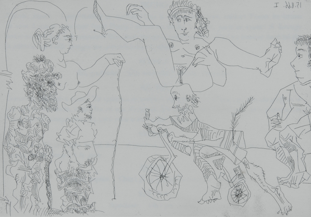 Pablo Picasso, Femme équilibriste enlevée par un vieillard barbu à bicyclette devant le cocu et des spectateurs, 1966, from "Le cocu magnifique"