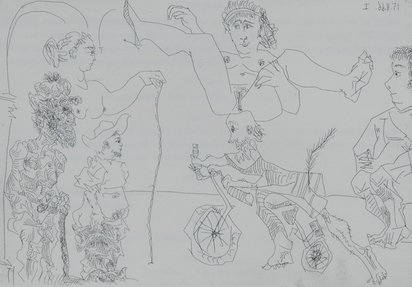 Femme équilibriste enlevée par un vieillard barbu à bicyclette devant le cocu et des spectateurs, 1966, from "Le cocu magnifique"