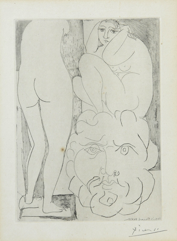 Pablo Picasso, Vollard Suite pl.075,- Modèle accroupi, sculpture de dos et tête barbue