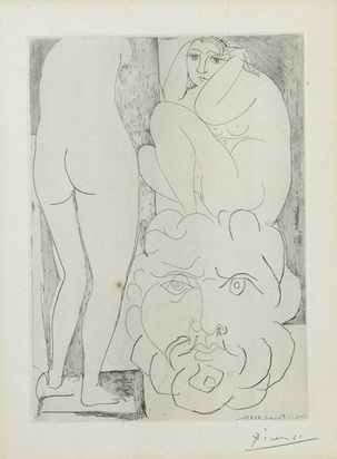 Vollard Suite pl.075,- Modèle accroupi, sculpture de dos et tête barbue