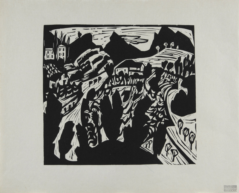 Hermann Scherer, 4 Blätter: Atelierfest; Tessinerlandschaft; Der Mann, der die Stadt durchstreift; Akt