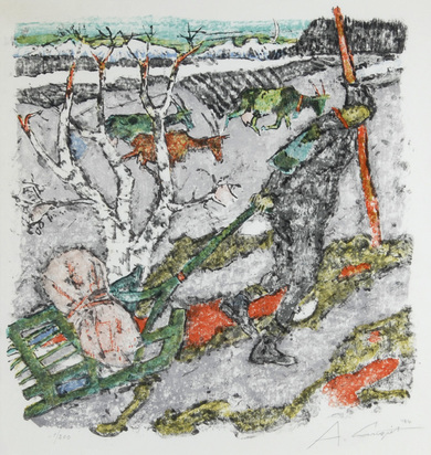 Bauer mit Schlitten und Ziegen